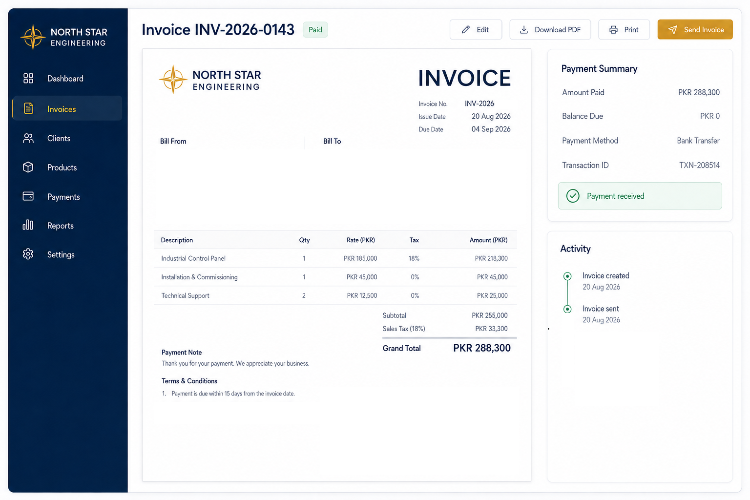 Invoice solution reporting screen